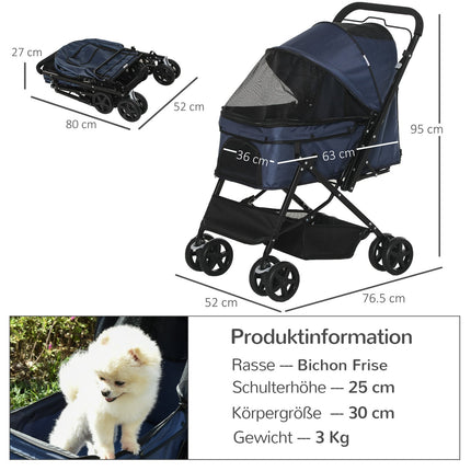 Pet stroller for small dogs & cats, Oxford Blue 76.5x52x95cm