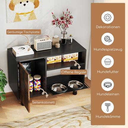 Pet Feeding Cabinet with 2 Stainless Steel Bowls Extendable & Height Adjustable Feeding Station Brown