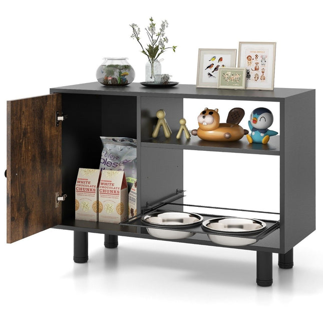 Pet Feeding Cabinet with 2 Stainless Steel Bowls Extendable & Height Adjustable Feeding Station Brown
