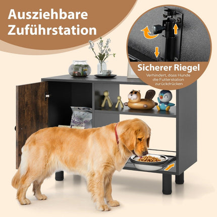 Pet Feeding Cabinet with 2 Stainless Steel Bowls Extendable & Height Adjustable Feeding Station Brown