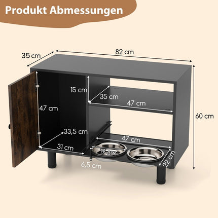 Pet Feeding Cabinet with 2 Stainless Steel Bowls Extendable & Height Adjustable Feeding Station Brown