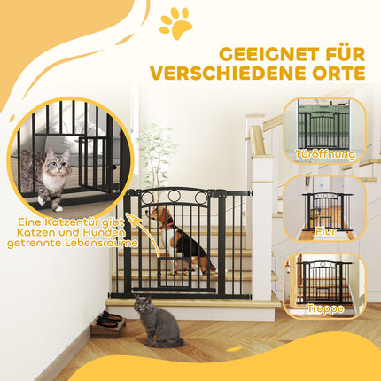 Pet Gate, 77 cm, Adjustable 76-104 cm, Cat Door, Black