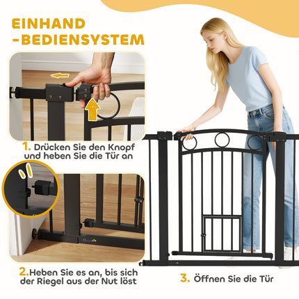 Pet Gate, 77 cm, Adjustable 76-104 cm, Cat Door, Black