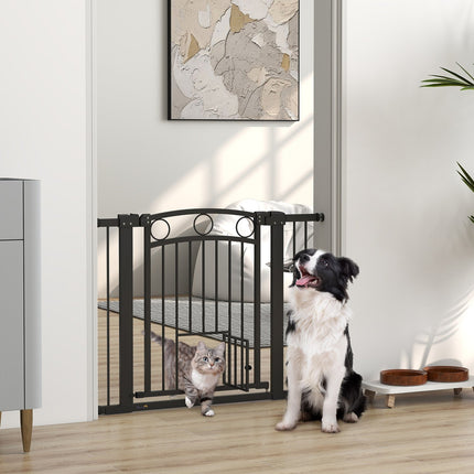 Pet Gate, 77 cm, Adjustable 76-104 cm, Cat Door, Black