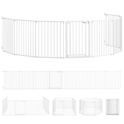 Pet Gate, 8-Panel Foldable Barrier with Door, White