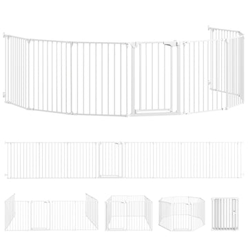 Pet Gate, 8-Panel Foldable Barrier with Door, White