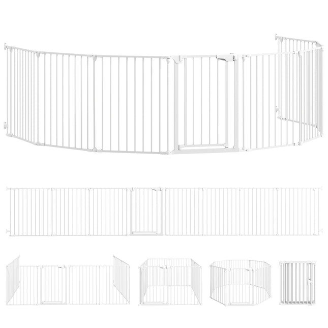 Pet Gate, 8-Panel Foldable Barrier with Door, White