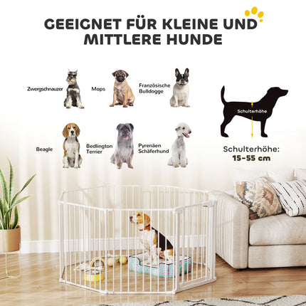 Pet Gate, 8-Panel Foldable Barrier with Door, White