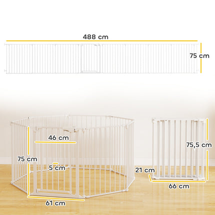 Pet Gate, 8-Panel Foldable Barrier with Door, White