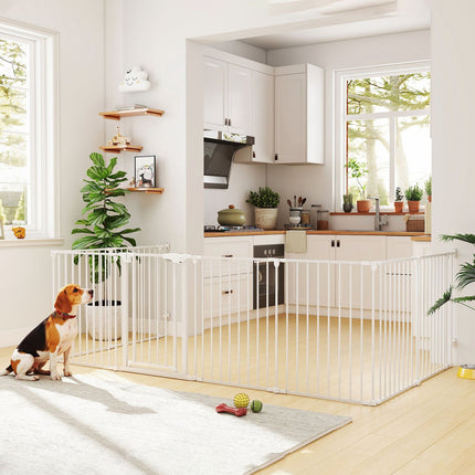 Pet Gate, 8-Panel Foldable Barrier with Door, White