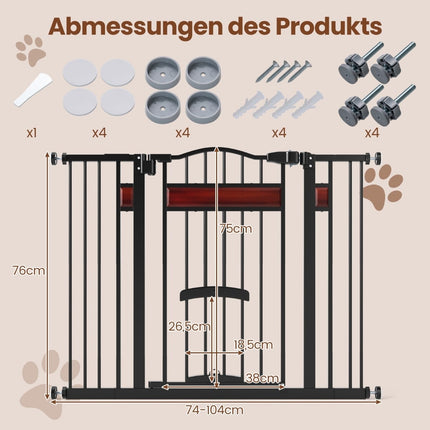 Pet Gate with Small Door, Metal, No-Drill, 74-104 cm