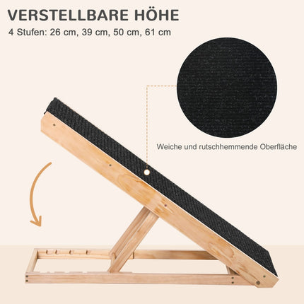 Adjustable dog ramp with non-slip mat, pine, 90x40x61cm