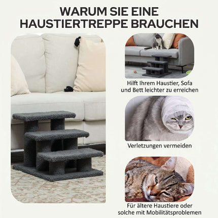 Pet Staircase with 3 Steps, Dark Gray Plush, 45x35x34 cm