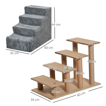 Pet stairs 4-step dog ramp, plush cover, grey, 60x35x44 cm