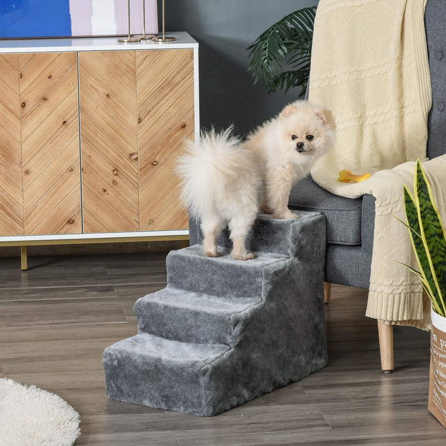 Pet stairs 4-step dog ramp, plush cover, grey, 60x35x44 cm