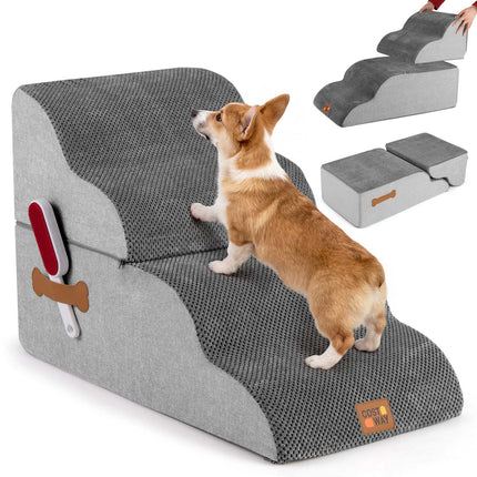 Pet Stairs 4 Steps, Convertible Bed, Non-Slip, Grey