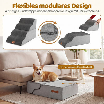Pet Stairs 4 Steps, Convertible Bed, Non-Slip, Grey
