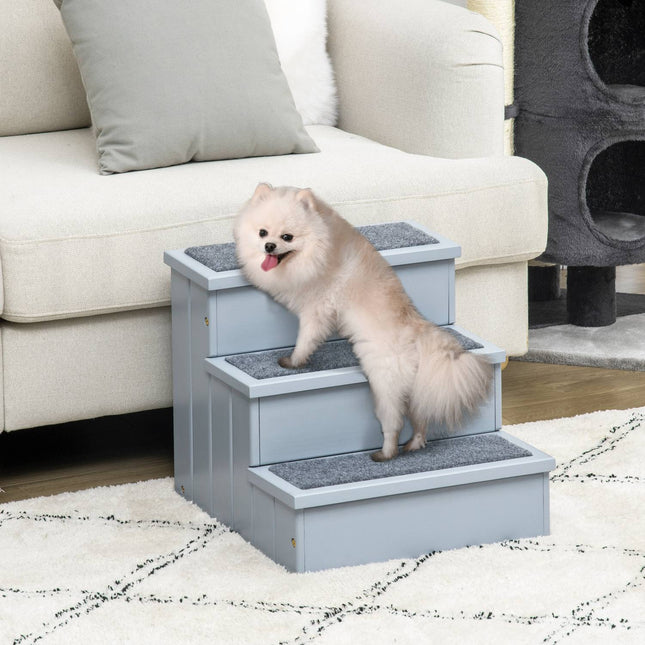 Dog stairs with storage, 3 steps & carpet, Grey