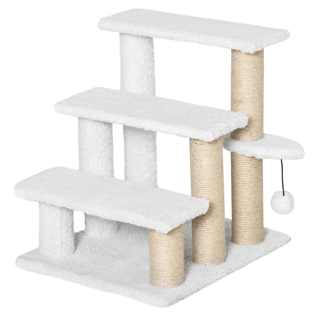 Pet stairs and scratching post, 3 steps, plush/jute, white