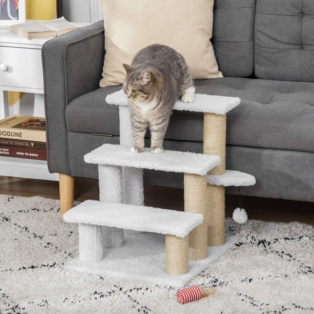 Pet stairs and scratching post, 3 steps, plush/jute, white