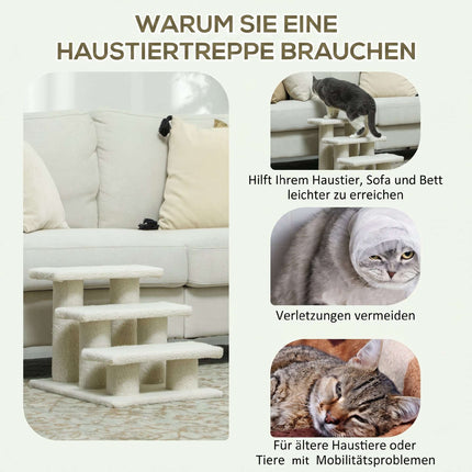 Pet Stairs with 3 Plush Steps, Beige, 45 x 35 x 34 cm