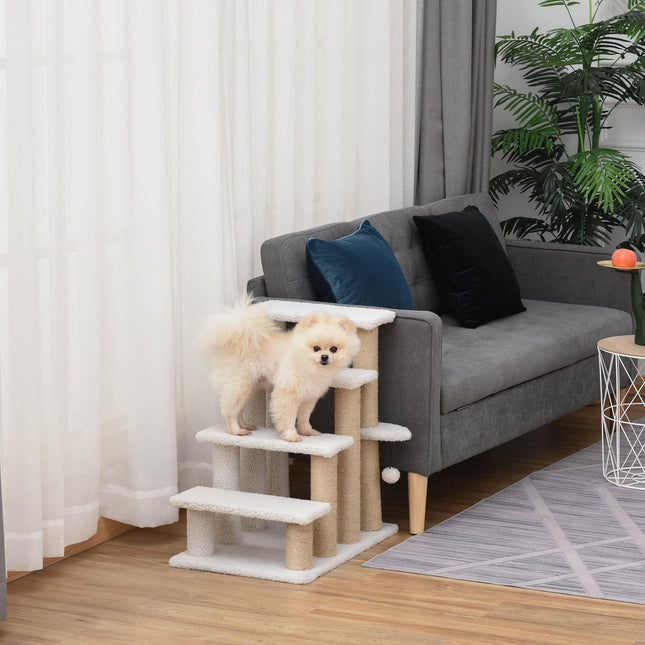 Pet Stairs with Scratching Post, 4 Steps, Plush Jute White