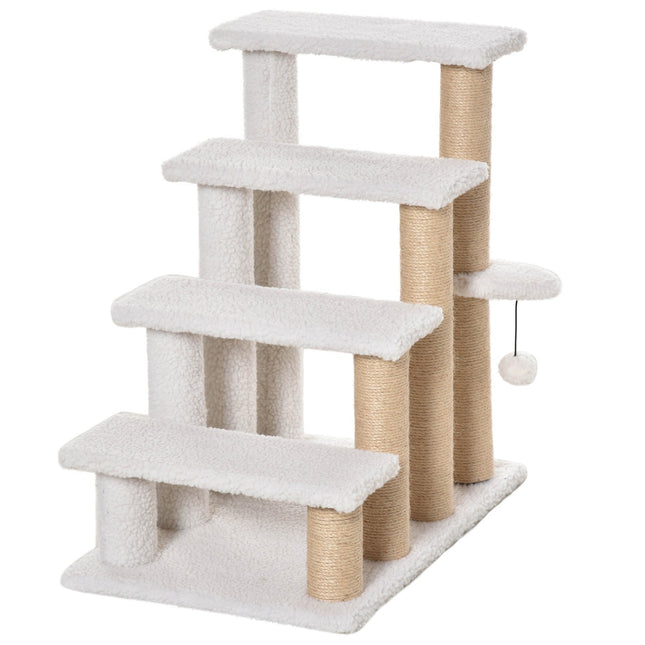 Pet Stairs with Scratching Post, 4 Steps, Plush Jute White