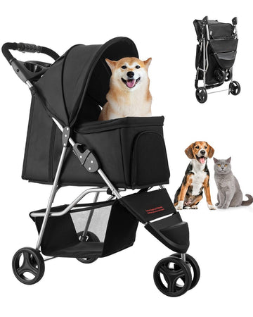 Pet Stroller, 35 lb Capacity, Foldable 3-Wheel, Brake