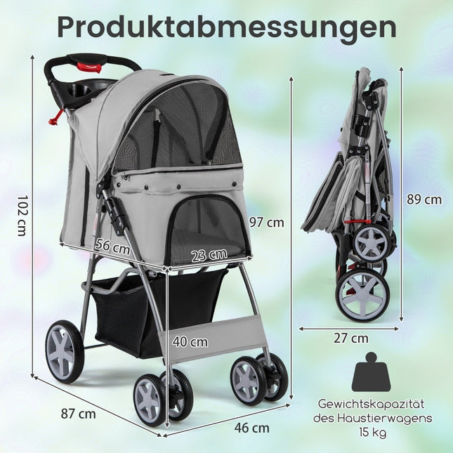 Pet Stroller with Mesh Windows & Cup Holder, Gray, 15kg Capacity