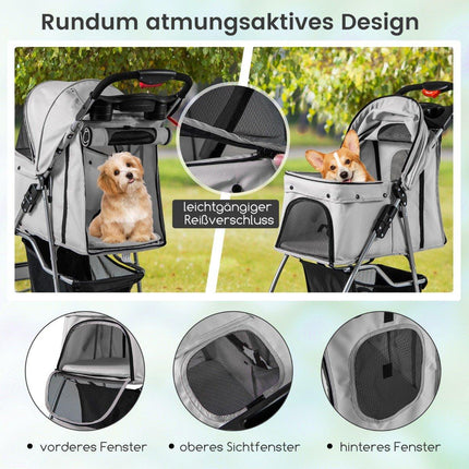 Pet Stroller with Mesh Windows & Cup Holder, Gray, 15kg Capacity
