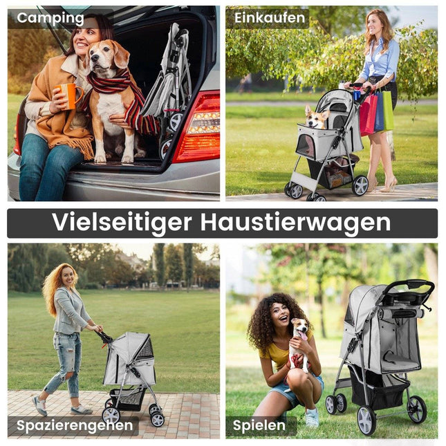 Pet Stroller with Mesh Windows & Cup Holder, Gray, 15kg Capacity