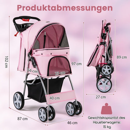 Pet Stroller with Mesh Windows & Cup Holder, Pink, 15kg Capacity