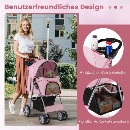 Pet Stroller with Mesh Windows & Cup Holder, Pink, 15kg Capacity