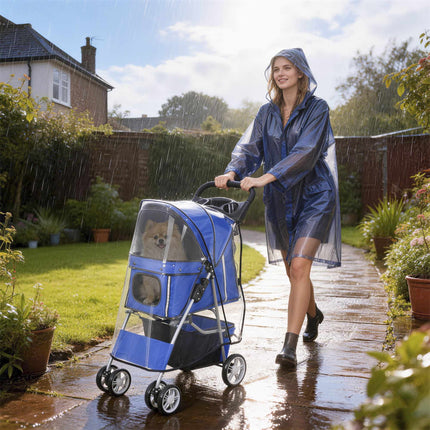 Pet Stroller with Mesh Windows and Rain Cover, Blue