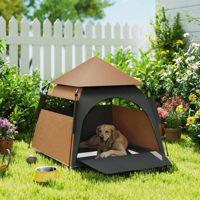 Huisdierentent, hondentent, kattenhuis voor buiten, hondenhuis met gaasraam, hondentipi-tent met draagtas, zonnekap voor achtertuin, woonkamer, donkerbruin Aosom