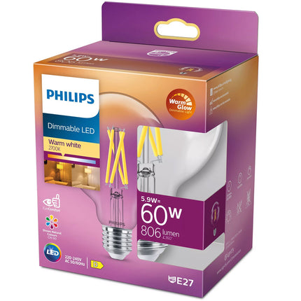 Philips LED Globe Bulb E27 G95 5.9W Clear, Dimmable, 806 lm, 2200-2700K