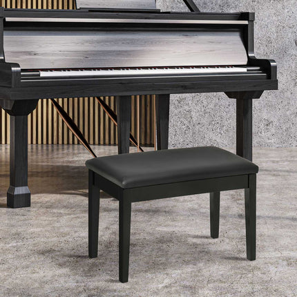 Height-adjustable black piano bench with storage, 75x35x49 cm