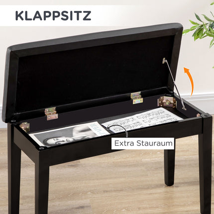 Height-adjustable black piano bench with storage, 75x35x49 cm