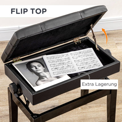 Height-adjustable piano bench in black leather with storage