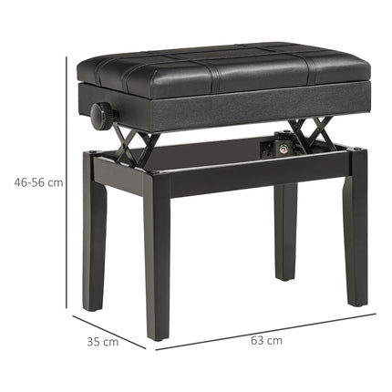Height-adjustable piano bench in black leather with storage