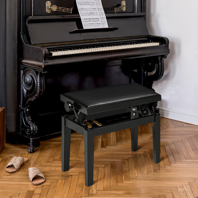 Height-adjustable piano bench with leather cushion, black