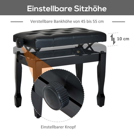 Height-adjustable piano bench, solid wood, artificial leather