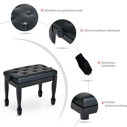 Height-adjustable piano bench, solid wood, artificial leather