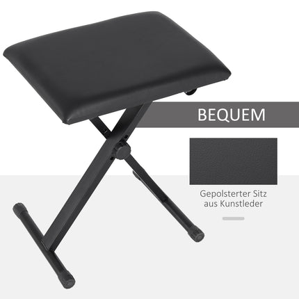 Adjustable Black Metal Piano Bench - Faux Leather Foam Seat