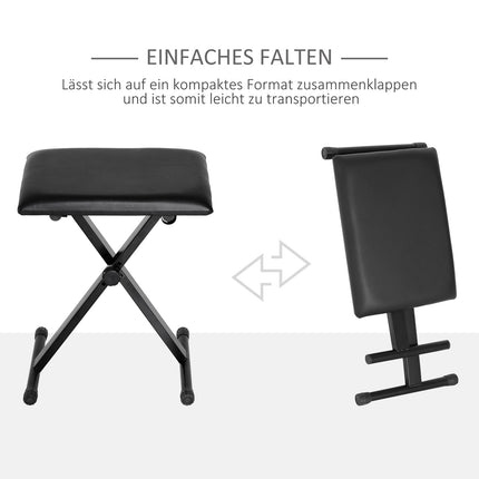 Adjustable Black Metal Piano Bench - Faux Leather Foam Seat