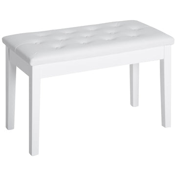 Piano stool in white artificial leather with storage, rubber wood