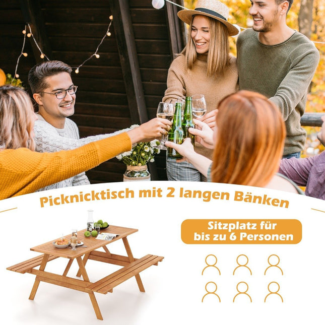 Picnic table for 6 people, rectangular garden table with 2 integrated benches and umbrella hole 150 x 139 x 75 cm natural