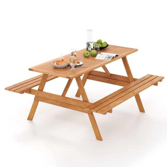 Picnic table for 6 people, rectangular garden table with 2 integrated benches and umbrella hole 150 x 139 x 75 cm natural