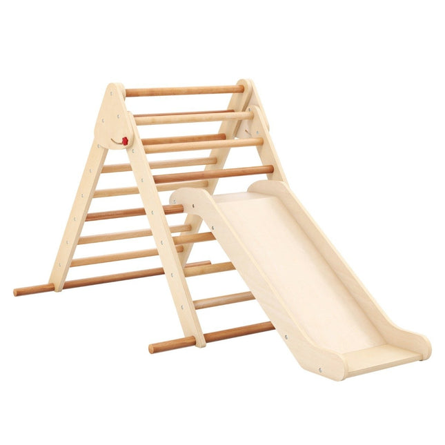 Pikler triangle set folding climbing triangle with slide and bars made of solid natural beech wood