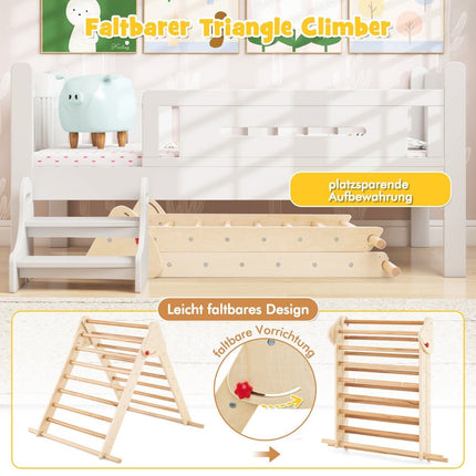 Pikler triangle set folding climbing triangle with slide and bars made of solid natural beech wood
